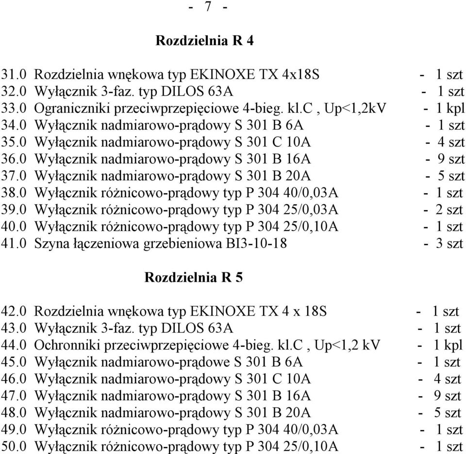 0 Wyłącznik nadmiarowo-prądowy S 301 B 20A - 5 szt 38.0 Wyłącznik różnicowo-prądowy typ P 304 40/0,03A - 1 szt 39.0 Wyłącznik różnicowo-prądowy typ P 304 25/0,03A - 2 szt 40.