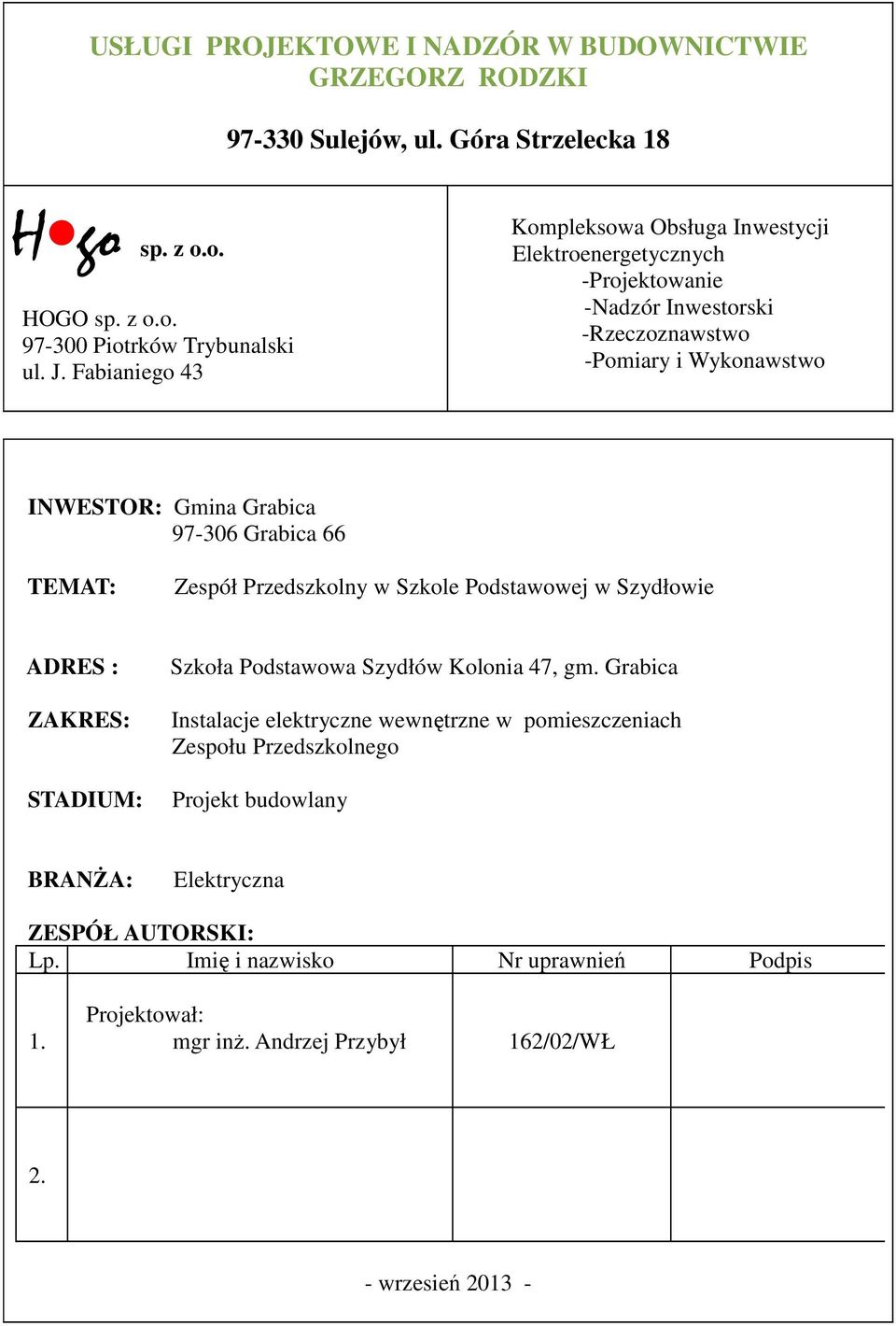 66 TEMAT: Zespół Przedszkolny w Szkole Podstawowej w Szydłowie ADRES : ZAKRES: STADIUM: Szkoła Podstawowa Szydłów Kolonia 47, gm.