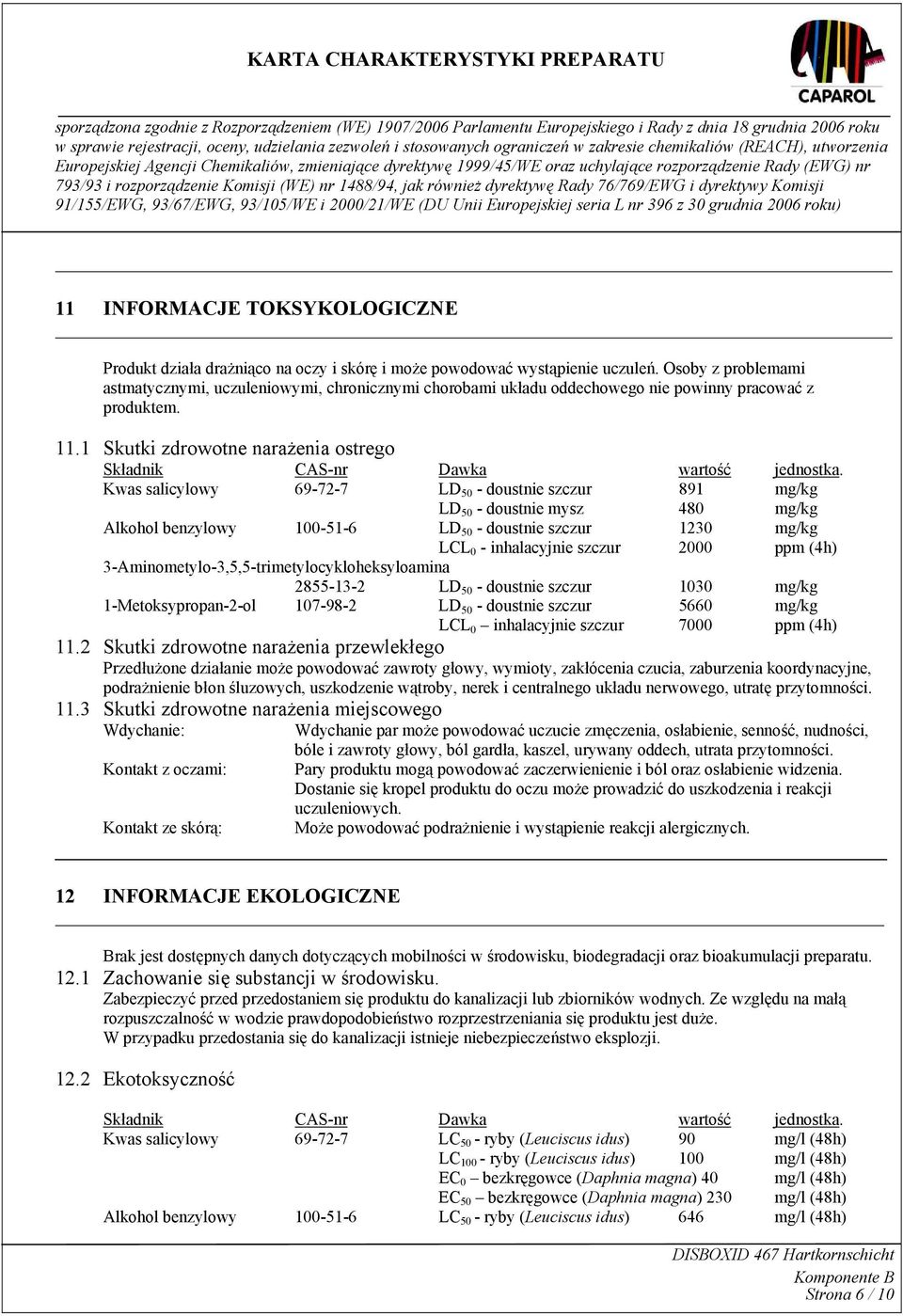 1 Skutki zdrowotne narażenia ostrego Składnik CAS-nr Dawka wartość jednostka.