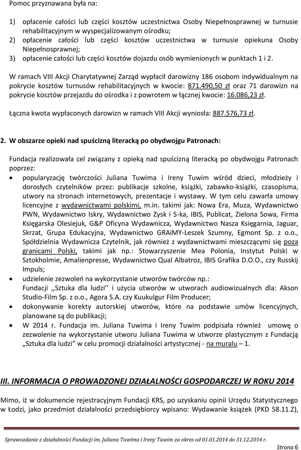 W ramach VIII Akcji Charytatywnej Zarząd wypłacił darowizny 186 osobom indywidualnym na pokrycie kosztów turnusów rehabilitacyjnych w kwocie: 871.