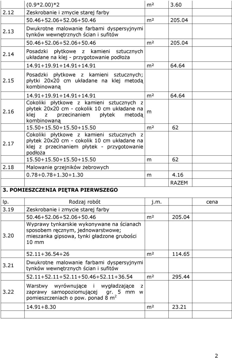 64 Posadzki płytkowe z kamieni sztucznych; płytki 20x20 cm układane na klej metodą 14.91+19.91+14.91+14.91 m² 64.64 m klej z przecinaniem płytek metodą 15.50+15.