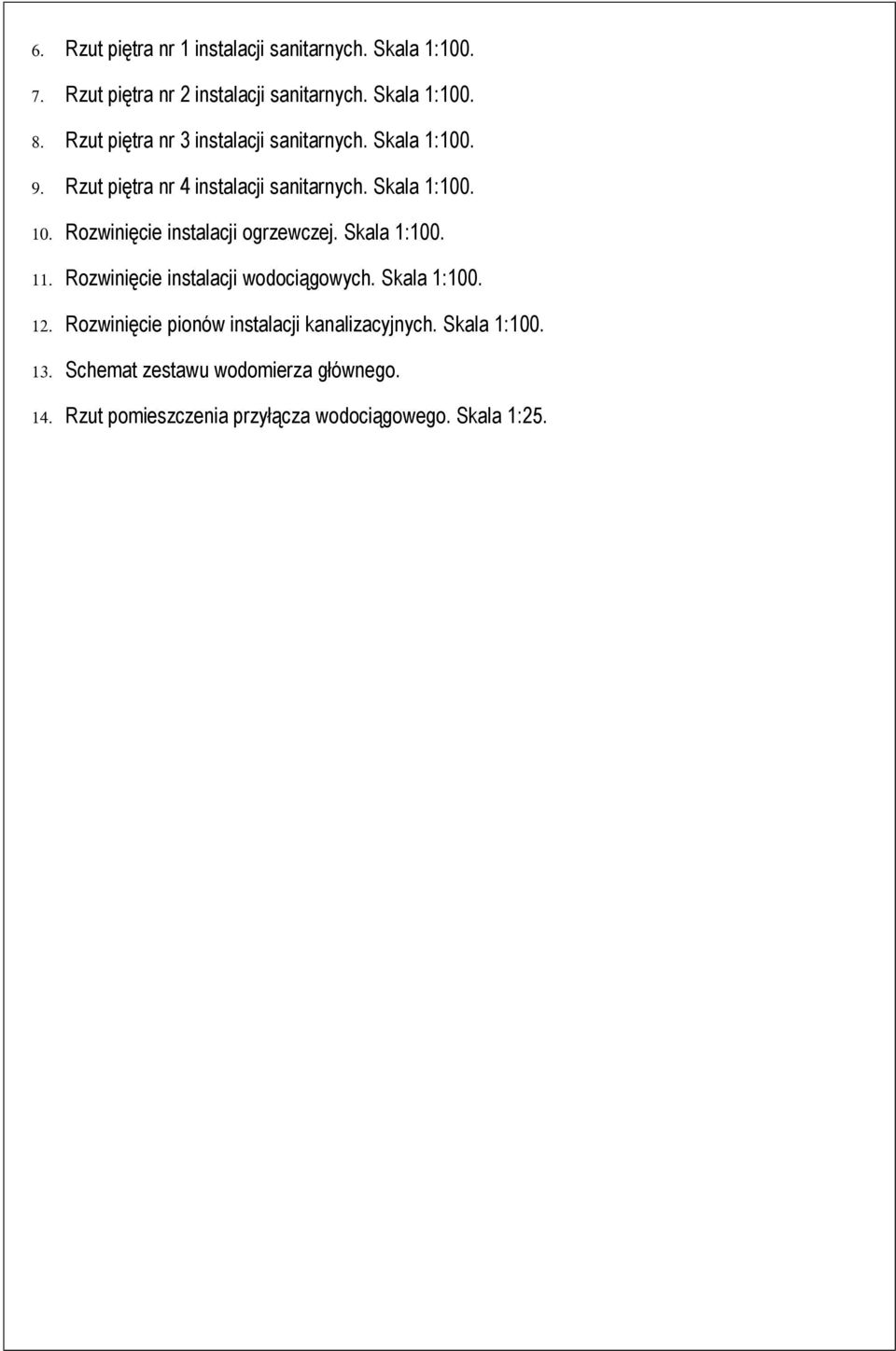 Rozwinięcie instalacji ogrzewczej. Skala 1:100. 11. Rozwinięcie instalacji wodociągowych. Skala 1:100. 12.