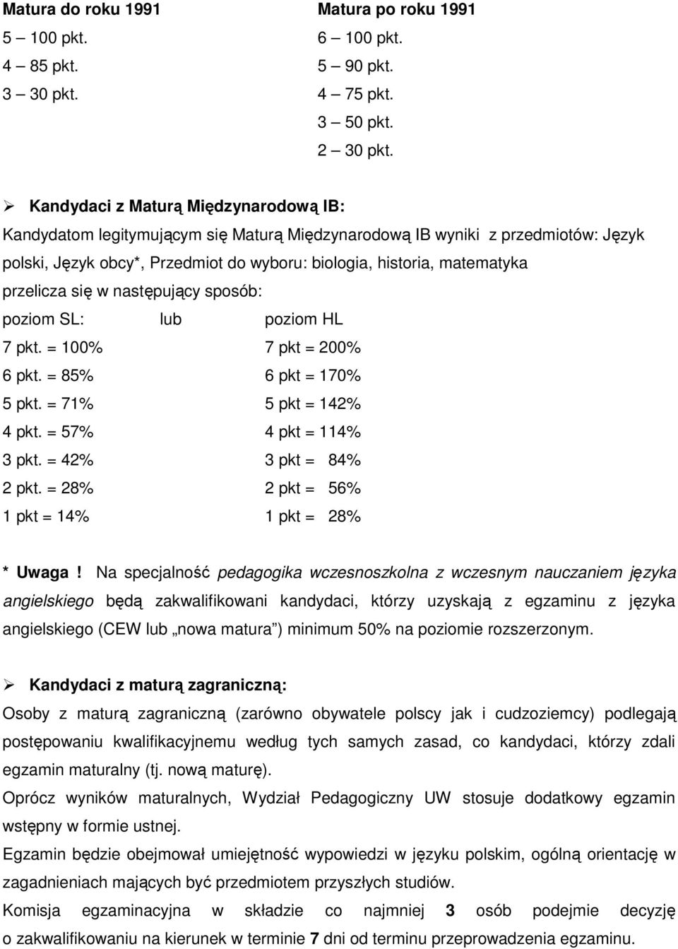 przelicza się w następujący sposób: poziom SL: lub poziom HL 7 pkt. = 100% 7 pkt = 200% 6 pkt. = 85% 6 pkt = 170% 5 pkt. = 71% 5 pkt = 142% 4 pkt. = 57% 4 pkt = 114% 3 pkt. = 42% 3 pkt = 84% 2 pkt.