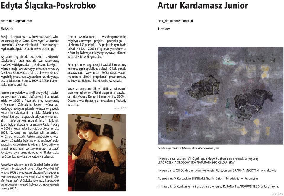 Wydałam trzy zbiorki poetyckie MiłoÊnik Gwiezdnik oraz ostatnio we współpracy z WOAK w Białymstoku Podró na ksi yc wiersze moje towarzyszyły otwarciu wystawy Czesława Zdanowicza A kto ciebie
