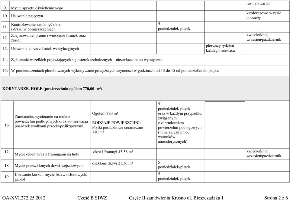 W pomieszczeniach plombowanych wykonywanie powyŝszych czynności w godzinach od 13 do 1 od poniedziałku do piątku KORYTARZE, HOLE (powierzchnia ogółem 770,00 m²) 16.