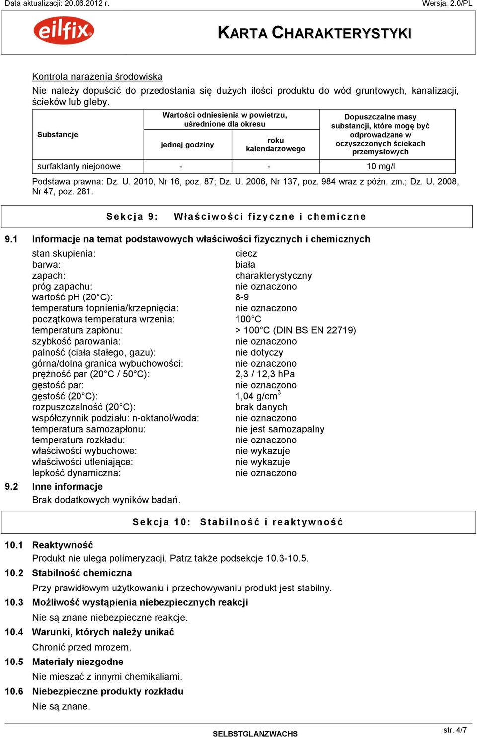 surfaktanty niejonowe - - 10 mg/l Podstawa prawna: Dz. U. 2010, Nr 16, poz. 87; Dz. U. 2006, Nr 137, poz. 984 wraz z późn. zm.; Dz. U. 2008, Nr 47, poz. 281.