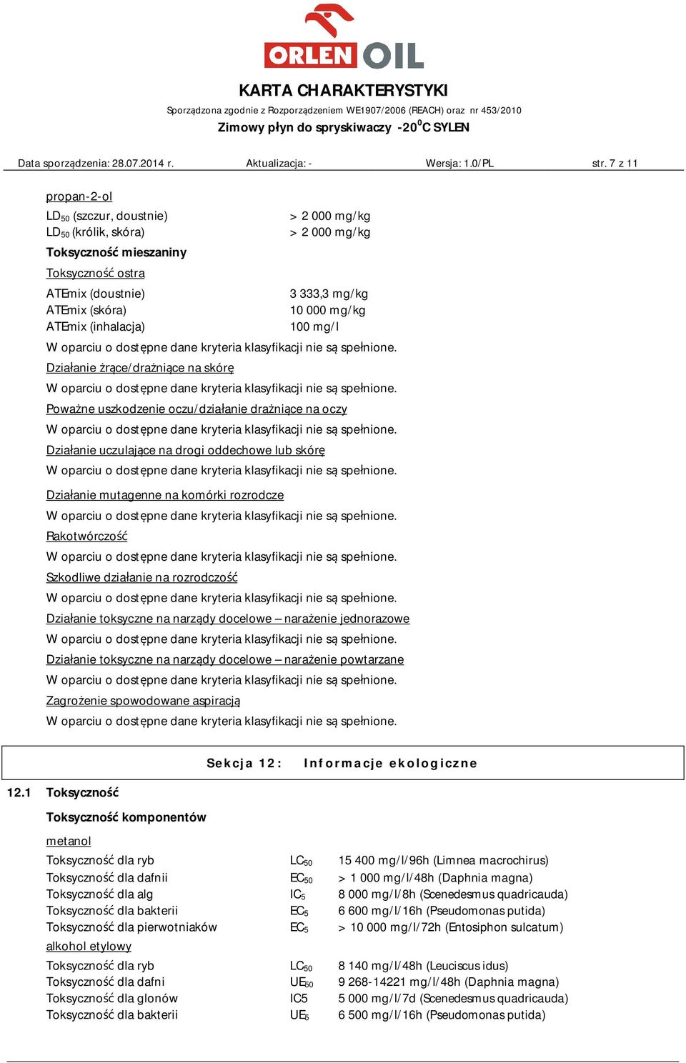 ATEmix (inhalacja) 100 mg/l Działanie żrące/drażniące na skórę Poważne uszkodzenie oczu/działanie drażniące na oczy Działanie uczulające na drogi oddechowe lub skórę Działanie mutagenne na komórki