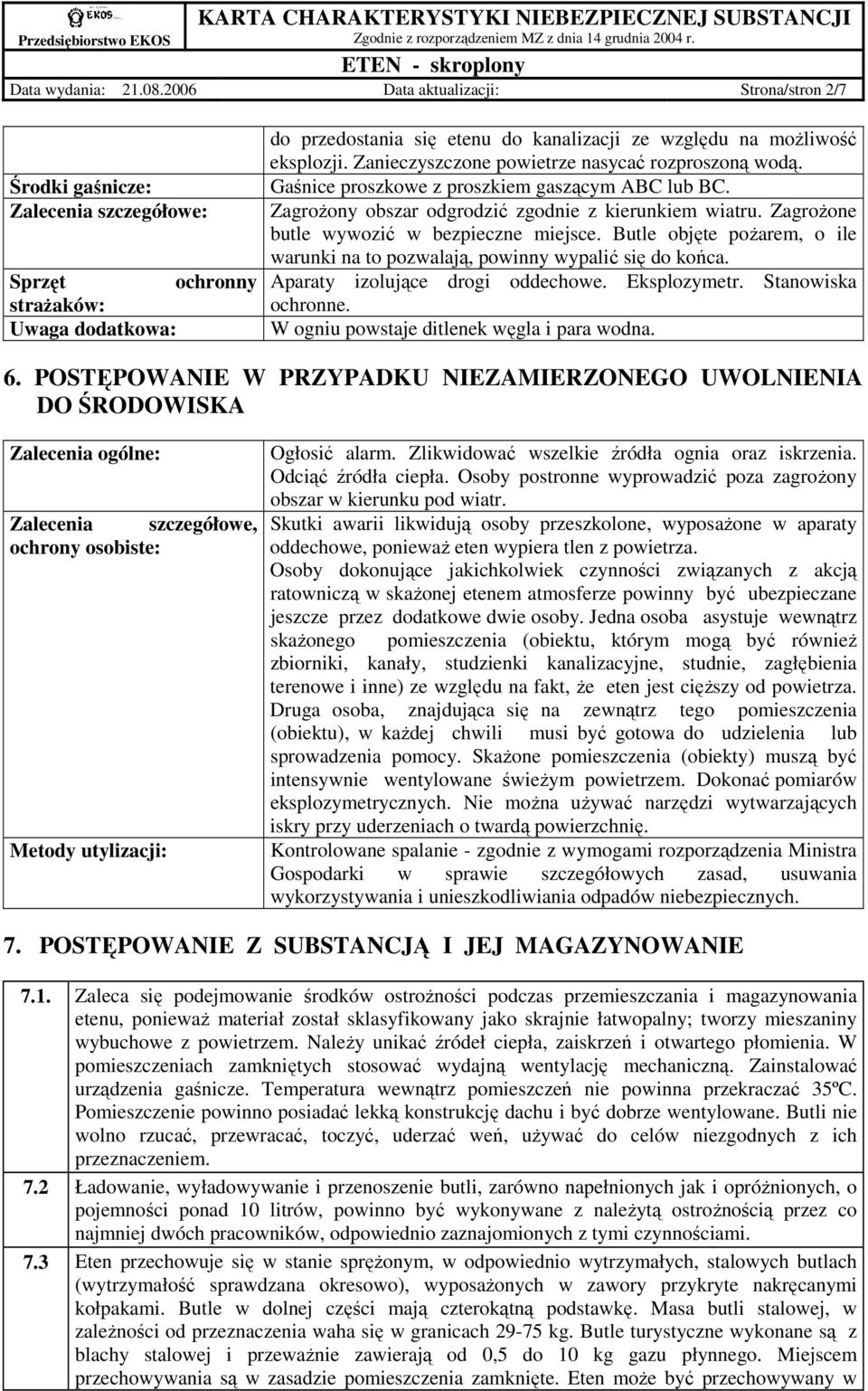 Zanieczyszczone powietrze nasycać rozproszoną wodą. Gaśnice proszkowe z proszkiem gaszącym ABC lub BC. ZagroŜony obszar odgrodzić zgodnie z kierunkiem wiatru.