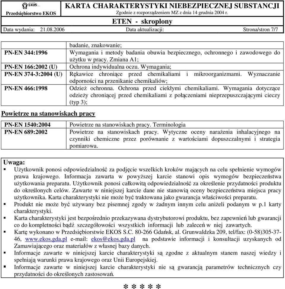 Wymagania i metody badania obuwia bezpiecznego, ochronnego i zawodowego do uŝytku w pracy. Zmiana A1; Ochrona indywidualna oczu. Wymagania; Rękawice chroniące przed chemikaliami i mikroorganizmami.