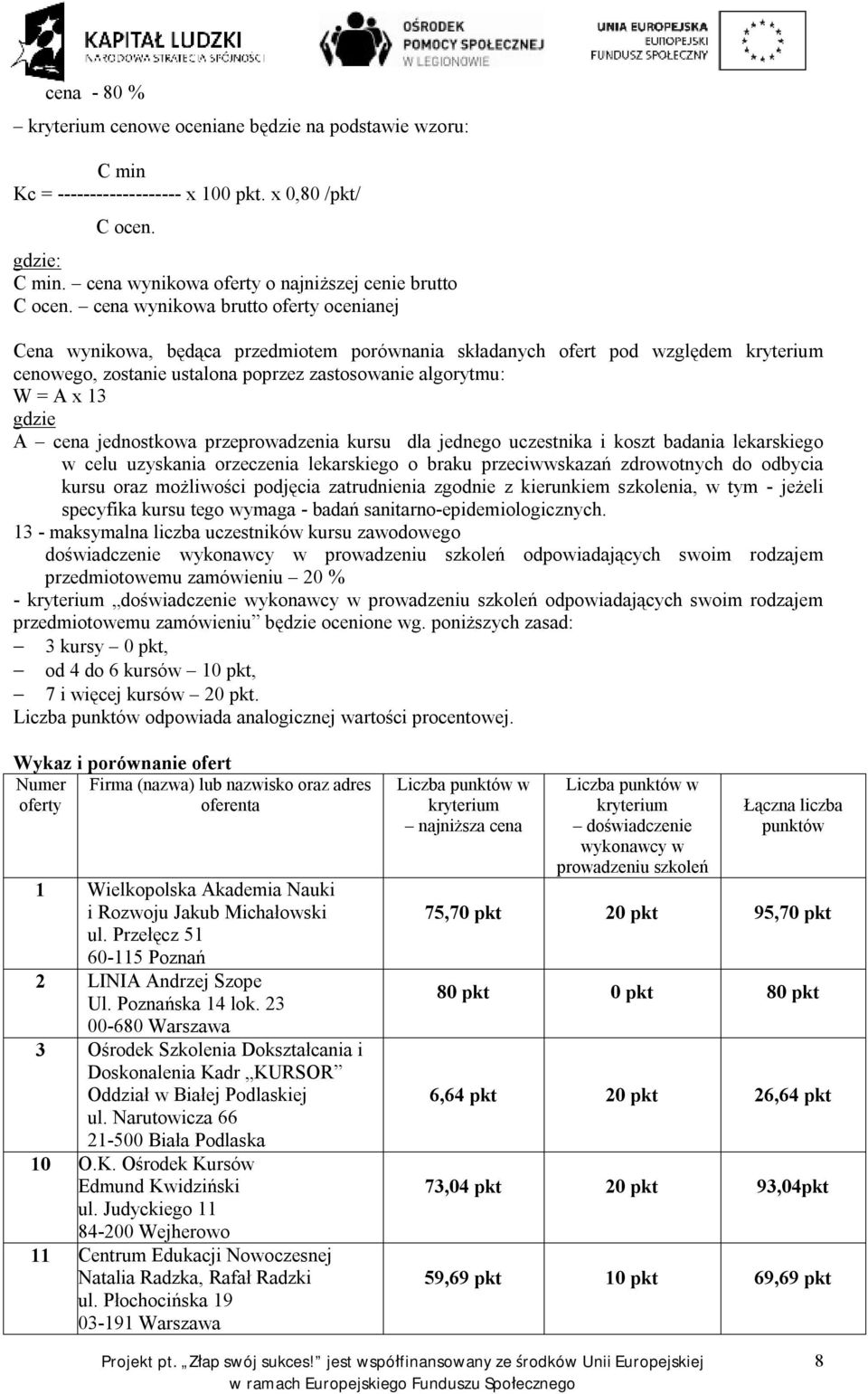 braku przeciwwskazań zdrowotnych do odbycia 13 - maksymalna liczba uczestników kursu zawodowego doświadczenie prowadzeniu szkoleń odpowiadających swoim rodzajem - doświadczenie prowadzeniu szkoleń