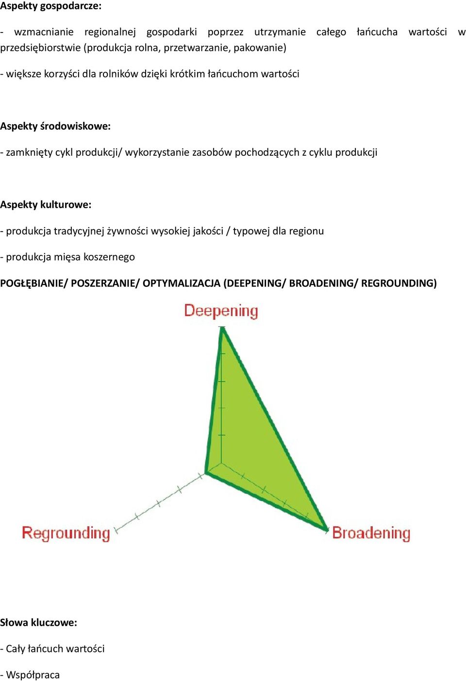 wykorzystanie zasobów pochodzących z cyklu produkcji Aspekty kulturowe: - produkcja tradycyjnej żywności wysokiej jakości / typowej dla regionu -