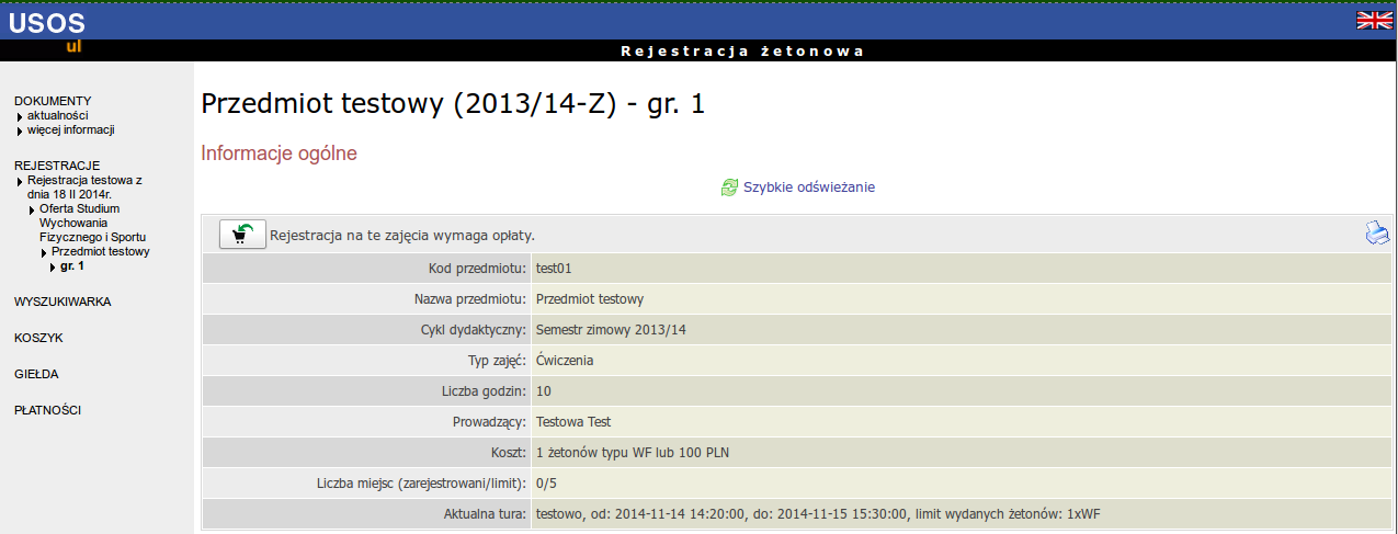 Po kliknięciu w wybrany przedmiot otwiera się lista grup zajęciowych danego przedmiotu z informacją o terminie odbywania zajęć, prowadzącym i liczbą zapisanych osób w grupie i limitem miejsc: Po