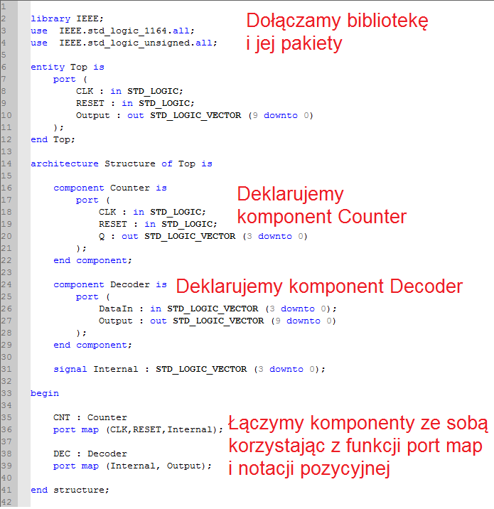 Rys. 23. Zawartość i opis pliku Top.vhd. d) Zapisz plik Top.vhd a następnie skompiluj cały projekt. Sprawdź czy kompilacja zakończyła się sukcesem.