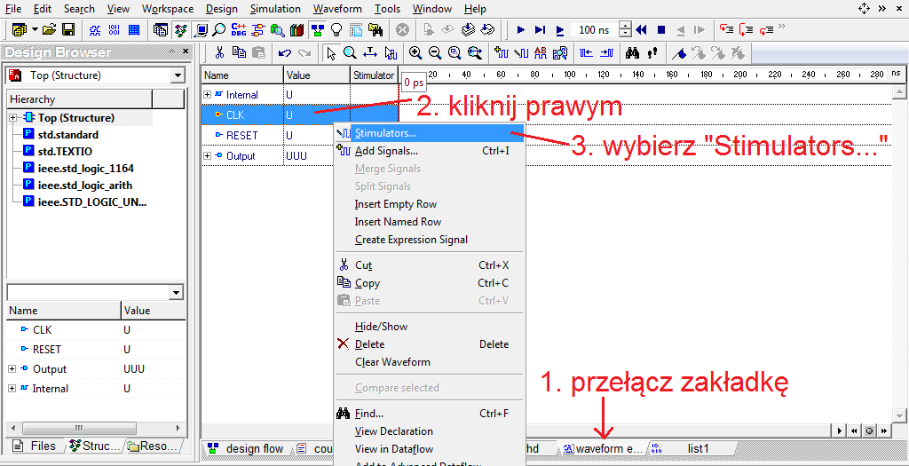 Active-HDL umożliwia również oglądanie wyników symulacji w postaci tabelarycznej z rozdzielczością delta time (por. wykład 5, slajd 25).