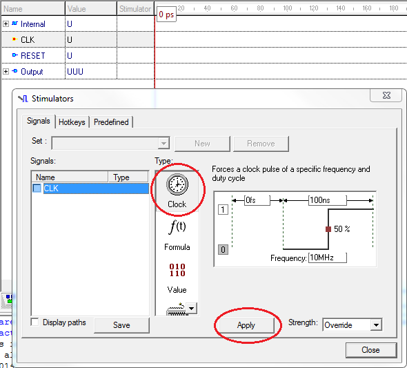 j) Wybierz typ wymuszenia Clock, ustaw częstotliwość przebiegu na 10 MHz i kliknij Apply. (nie zamykaj jeszcze okna Stimulators). Rys. 34. Przypisywanie wymuszeń do sygnałów.