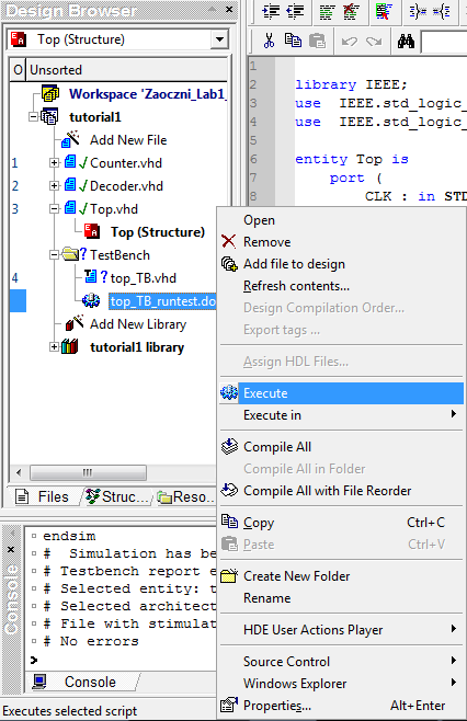 W Design Browser zostanie uwożony folder zawierający plik vhdl testbencha oraz makro służące do jego uruchomienia. Uruchomienie makra powoduje kompilację testbencha oraz uruchomienie symulacji. Rys.