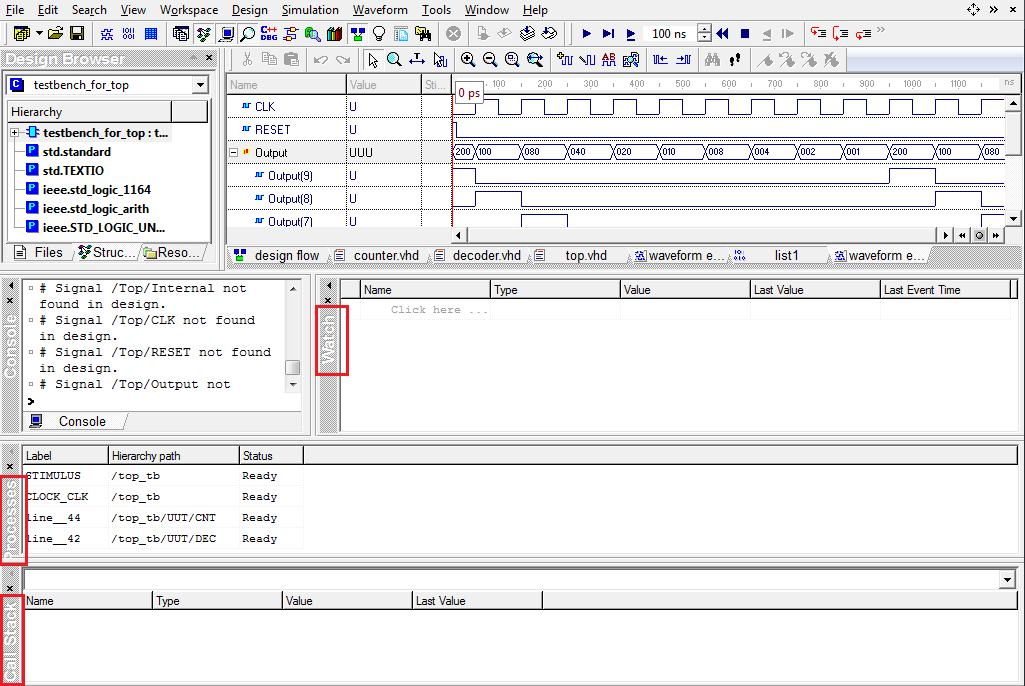 d) Zainicjalizuj ponownie symulację wybierając z menu programu Simulation -> Initialize Simulation. e) Wybierz z menu View -> Watch, Processes oraz Call Stack.