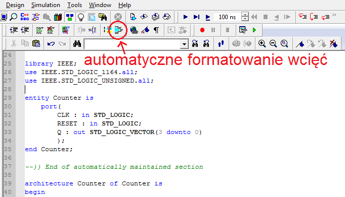 Rys. 16. Wstawienie kodu vhdl z Language Assistant. f) W tym momencie Language Assistant może zostać zamknięty lub zminimalizowany (będziemy jeszcze z niego korzystać).