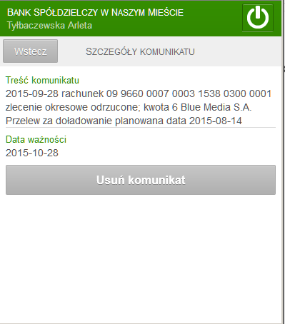 Rys. 24. Kursy walut 12. Komunikaty Okno zawiera komunikaty przysłane przez Bank. Jeżeli użytkownik ma nieprzeczytane komunikaty, to po zalogowaniu zamiast pulpitu widoczna jest lista komunikatów.