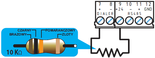 6.4 Podłączenie dialera Sterowanie dialerem odbywa się poprzez podanie masy (zacisk sterujący -A). Rysunek 14 - Podłączenie dialera Podłącz dialer telefoniczny jak na rysunku powyżej.