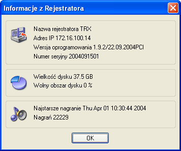 Część 4: Opis interfejsu graficznego Nazwa Rejestratora Okno informacji o podłączonym rejestratorze Tekstowy opis rejestratora.