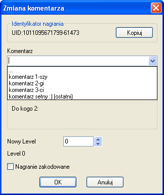 Część 3: Korzystanie z programu Okno zmiany danych o nagraniu. Po zmodyfikowaniu wybranych danych i przyciśnięciu OK zmiany zostaną przesłane do rejestratora.