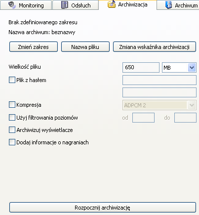 Część 4: Opis interfejsu graficznego 4.1.6 Zakładka Archiwizacja Umożliwia archiwizację nagrań na dysku lokalnym komputera w wewnętrznym formacie programu.