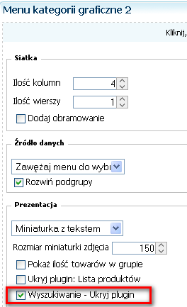 Obszar Prezentacja > parametr Wyszukiwanie Ukryj plugin Po zaznaczeniu parametru Wyszukiwanie Ukryj plugin i zapisaniu zmian, na stronie z wynikami wyszukiwania plugin Menu kategorii graficzne 2 nie