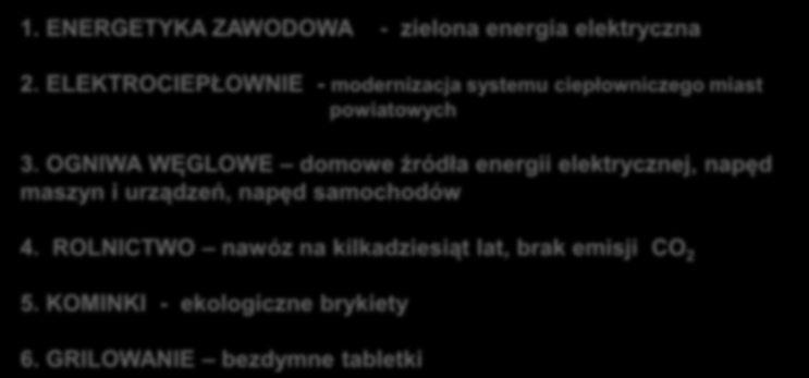 wykorzystanie biowęgla 1. ENERGETYKA ZAWODOWA - zielona energia elektryczna 2. ELEKTROCIEPŁOWNIE - modernizacja systemu ciepłowniczego miast powiatowych 3.