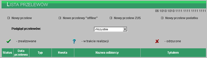 Dla każdego wprowadzonego przelewu dostępne są następujące informacje: Status informacja o etapie realizacji przelewu Data przelewu data