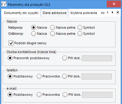 Parametry dla przesyłki GLS Dokumenty do wysyłki W tej zakładce ustawiamy filtry dla dokumentów Subiekta NEXO na podstawie których można zrobić przesyłkę. (rys.
