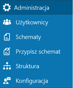 4 Administracja W menu Administracja zostały zgrupowane opcje dotyczące zarządzania użytkownikami, uprawnieniami oraz tworzeniem struktury podległościowej i konfiguracji powiadomień mailowych. 4.