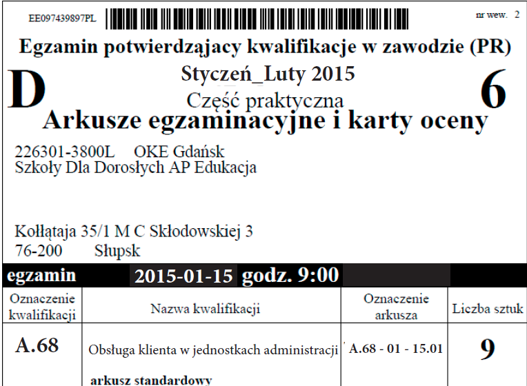 Naklejka na kopertę przeznaczoną na dostawę arkuszy