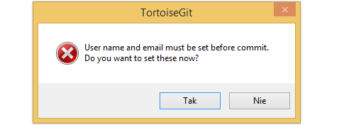 Jeżeli nie dokonaliśmy jeszcze ustawień kim jesteśmy dla repozytorium (proszę pamiętać, że git rozróżnia użytkowników po nazwach oraz adresach
