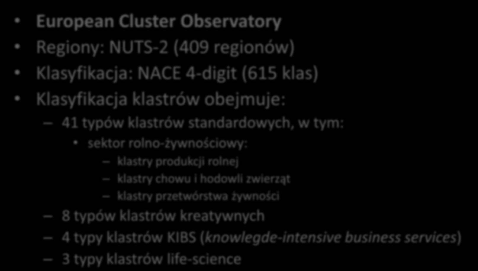 Mapowanie klastrów Europa European Cluster Observatory Regiony: NUTS-2 (409 regionów) Klasyfikacja: NACE 4-digit (615 klas) Klasyfikacja klastrów obejmuje: 41 typów klastrów standardowych, w tym: