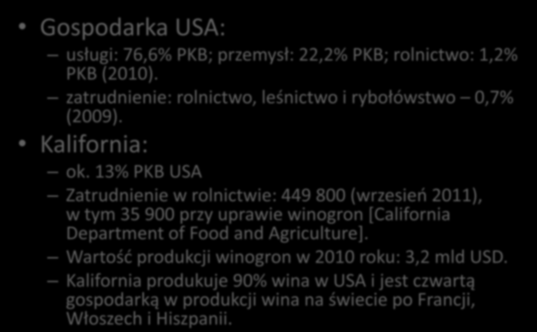 Kalifornia klaster wina Gospodarka USA: usługi: 76,6% PKB; przemysł: 22,2% PKB; rolnictwo: 1,2% PKB (2010). zatrudnienie: rolnictwo, leśnictwo i rybołówstwo 0,7% (2009). Kalifornia: ok.