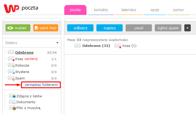 5. Jeżeli chcemy aby maile wpadały nam do oddzielnego folderu, klikamy na zarządzaj