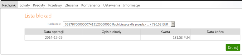 Ponadto użytkownik może wydrukować potwierdzenia lub zestawienia operacji wpłat w formacie PDF, przez wybranie właściwego typu dokumentu w polu Typ dokumentu i wybór w polu Akcja opcji Wydruk.