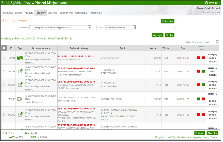 9.1 Lista przelewów Przelewy Lista przelewów otwiera okno Lista przelewów (Rys. 18) zawiera wszystkie niezaksięgowane (oczekujące na realizację) przelewy.