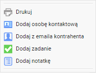 Przyciski umożliwiają utworzenie z wiadomości email, otrzymanej z nieznanego adresu email, osoby kontaktowej i/lub kontrahenta, a z treści wiadomości email otrzymanej z dowolnego adresu - zadania.