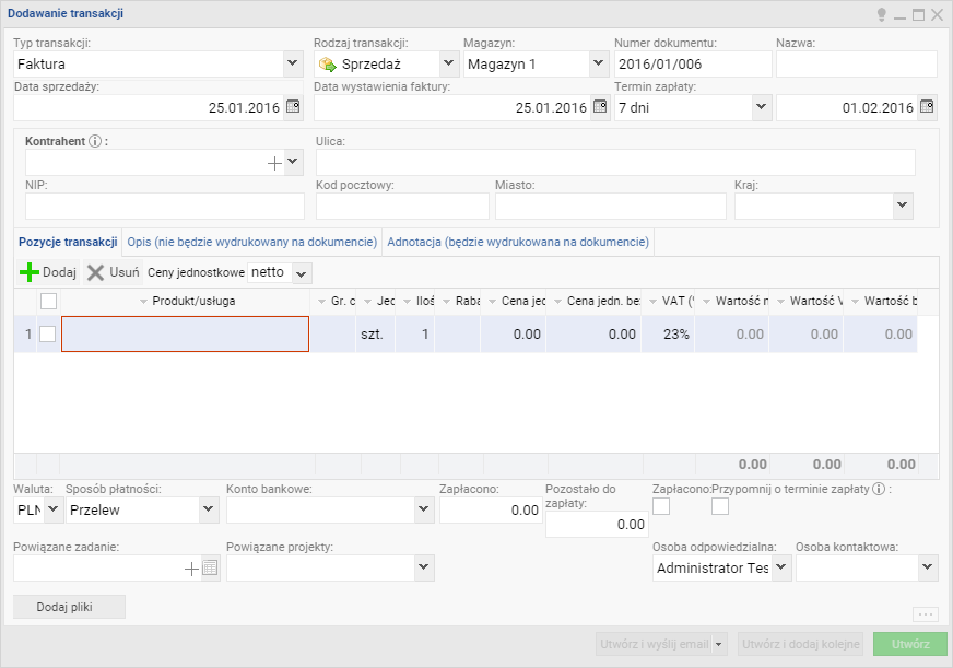 Przycisk Nowa umożliwia utworzenie nowej transakcji. Wyświetlone zostanie nowe okno, w którym należy podać wszystkie niezbędne dane transakcji.