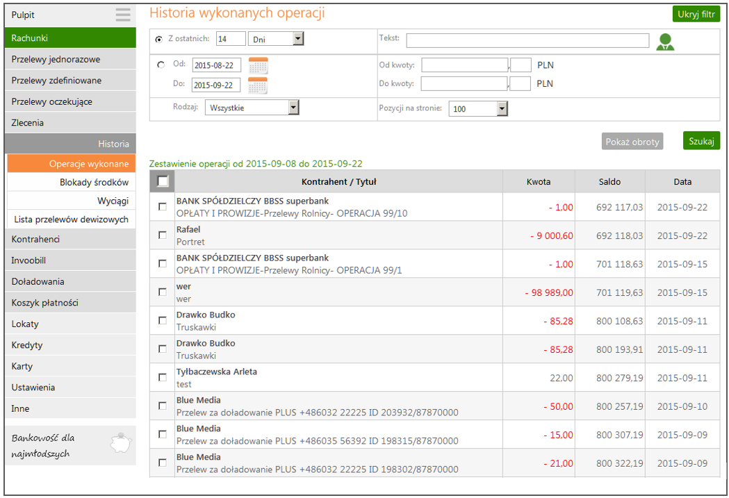 Można również dodatkowo sprecyzować historię wykonanych operacji na wybranym rachunku zawężając zakres szukanych operacji poprzez włączenie Pokaż filtr/ Ukryj filtr, widoczny w prawym górnym rogu: