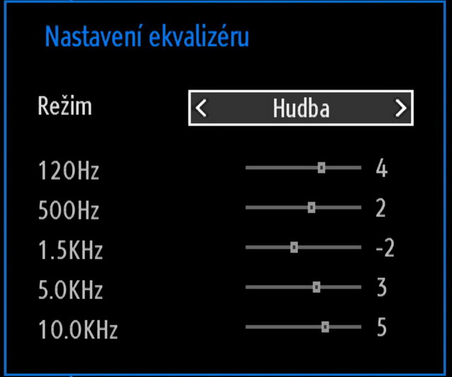 V nabídce ekvalizéru lze nastavit režim Hudba, Film, Mluvené slovo, plochý, Vážná hudba nebo Uživatel. Stisknutím tlačítka MENU se vrátíte do předchozí nabídky.