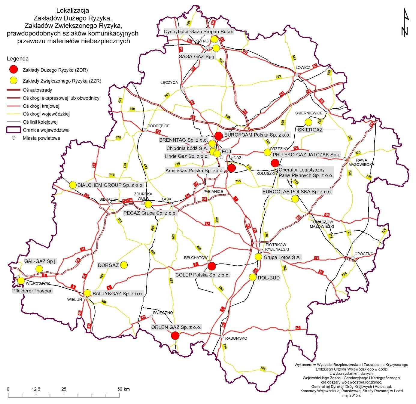 Rysunek 5 - Lokalizacja Zakładów Dużego Ryzyka, Zakładów Zwiększonego Ryzyka, prawdopodobnych szlaków komunikacyjnych przewozu materiałów niebezpiecznych B.3.