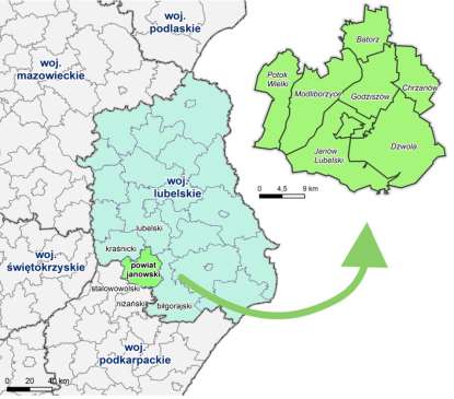 Zwiększony został jedynie o gminę Batorz. Siedzibą powiatu jest miasto Janów Lubelski. Mapa 1.