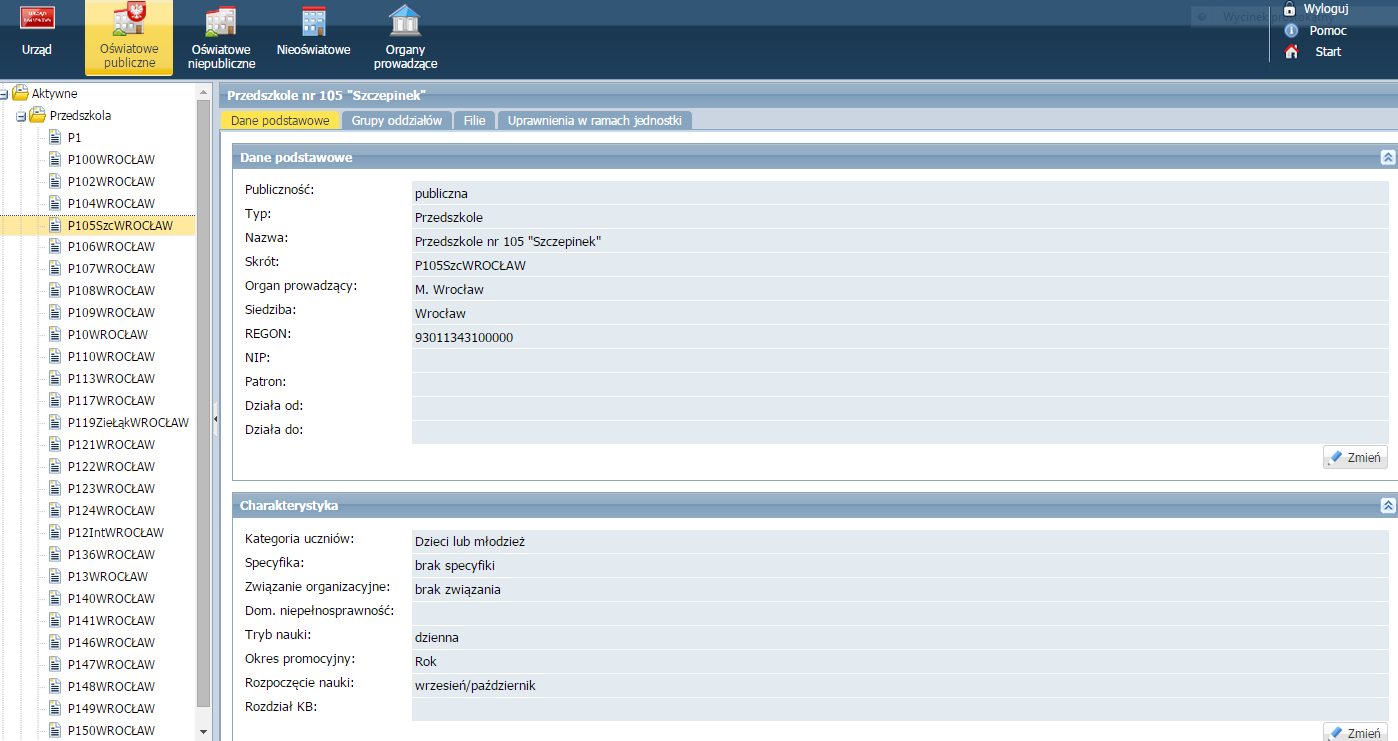 Modyfikowanie danych jednostki oświatowej w rejestrze szkół Funkcja rejestru jednostek umożliwia edycję danych wybranej jednostki oświatowej.