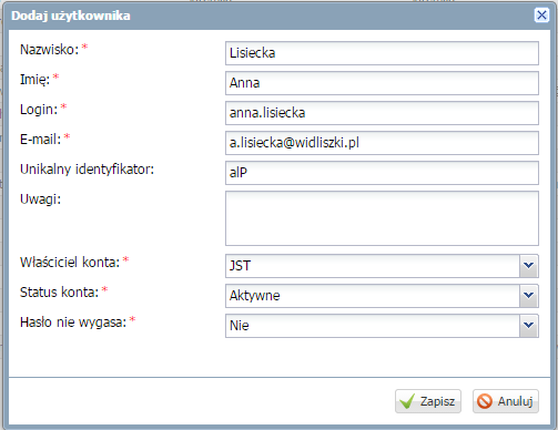 Aby dodać nowego użytkownika należy: 1. W prawym panelu kliknąć przycisk. 2. Wprowadzić dane podstawowe użytkownika. 3. Zdefiniować konto (login) oraz unikalny identyfikator. 4.