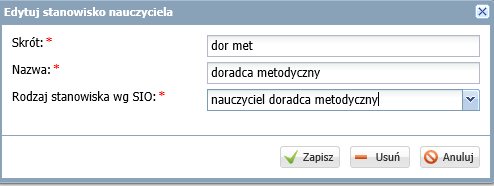 3. Uzupełnić dane w formularzu Dodaj stanowisko nauczyciela i kliknąć przycisk Zapisz.