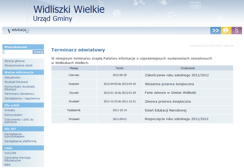 Tworzenie terminarza Strona terminarza składa się podobnie, jak strona anonsów z dwóch części: nagłówka i wstępu strony oraz definiowanego przez użytkownika kalendarium.