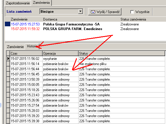 W programie utrzymywana jest historia zdarzeń związanych z każdym zamówieniem, czyli wysłanie, odbiór listy braków, odbiór odmowy, itp.